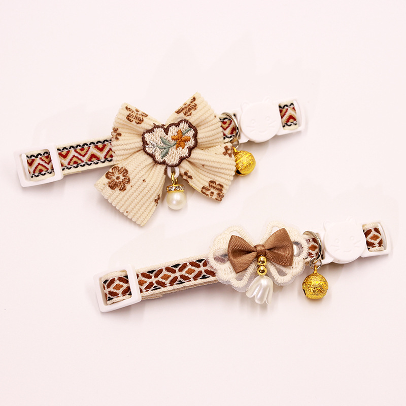 pet wholesale brown bow tie collar hanging beads lace bow bell cat necklace anti-suffocation safety buckle