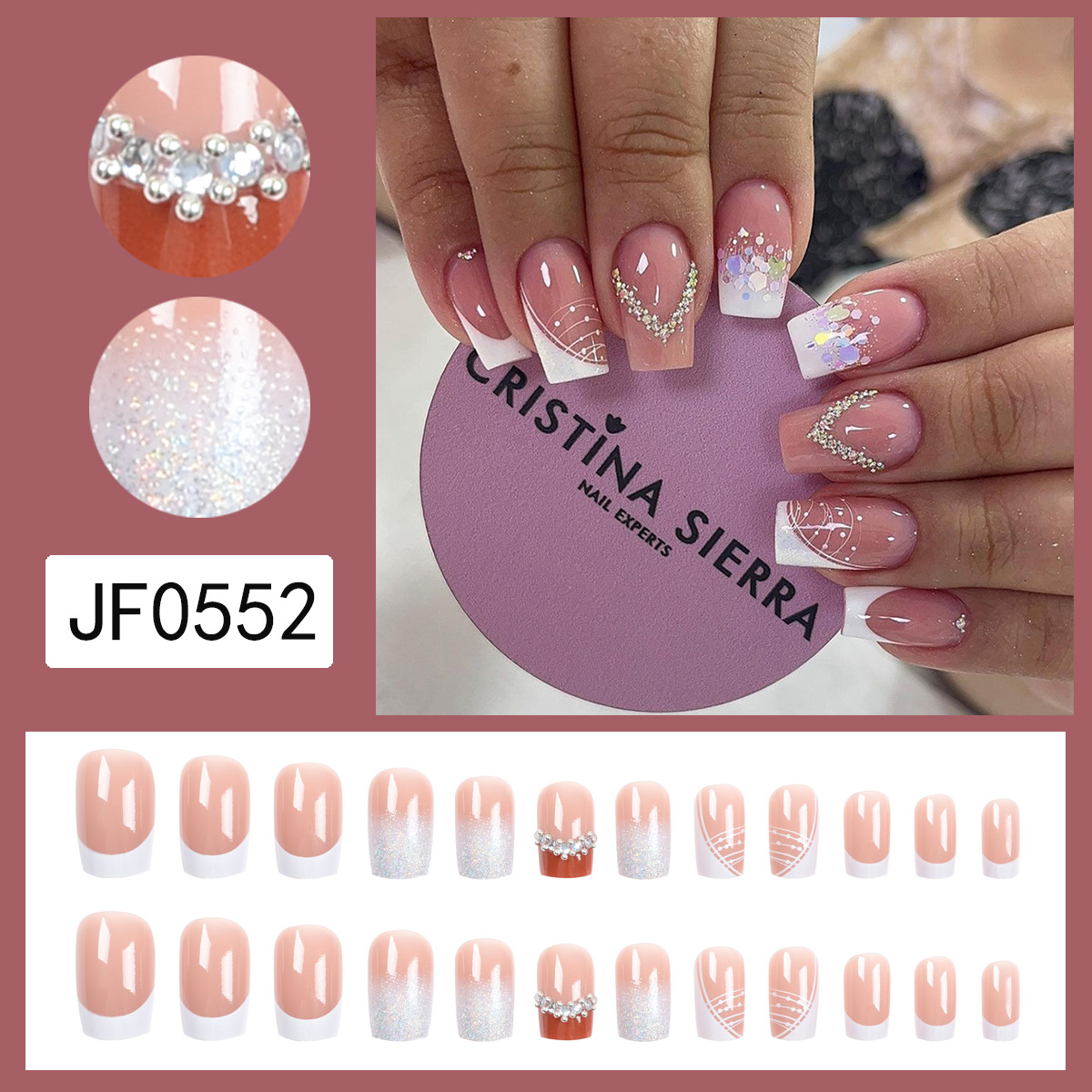 White French Manicure Rhinestone Pearl Manicure Slices Silver Powder Series Removable Nails Fake Nails